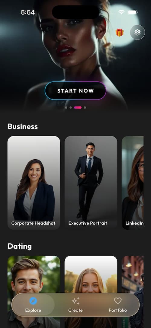SelfAI AI Photo Studio app showing the AI headshot result on iPhone