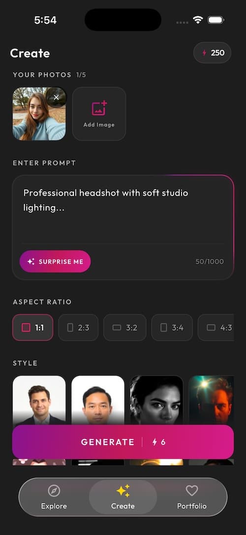 Upload a selfie or portrait step inside the SelfAI AI Photo Studio app