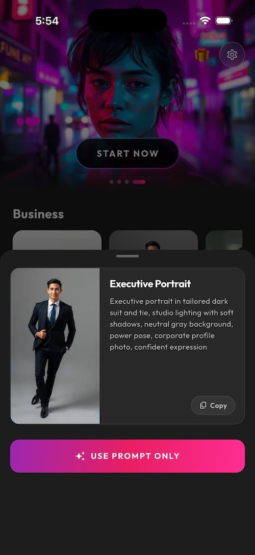 Choose a professional headshot style step inside the SelfAI AI Photo Studio app